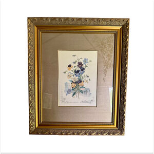 Vintage Somerset Studios Pansies Floral Print Ornate Gold Gilded Framed Wall Art
